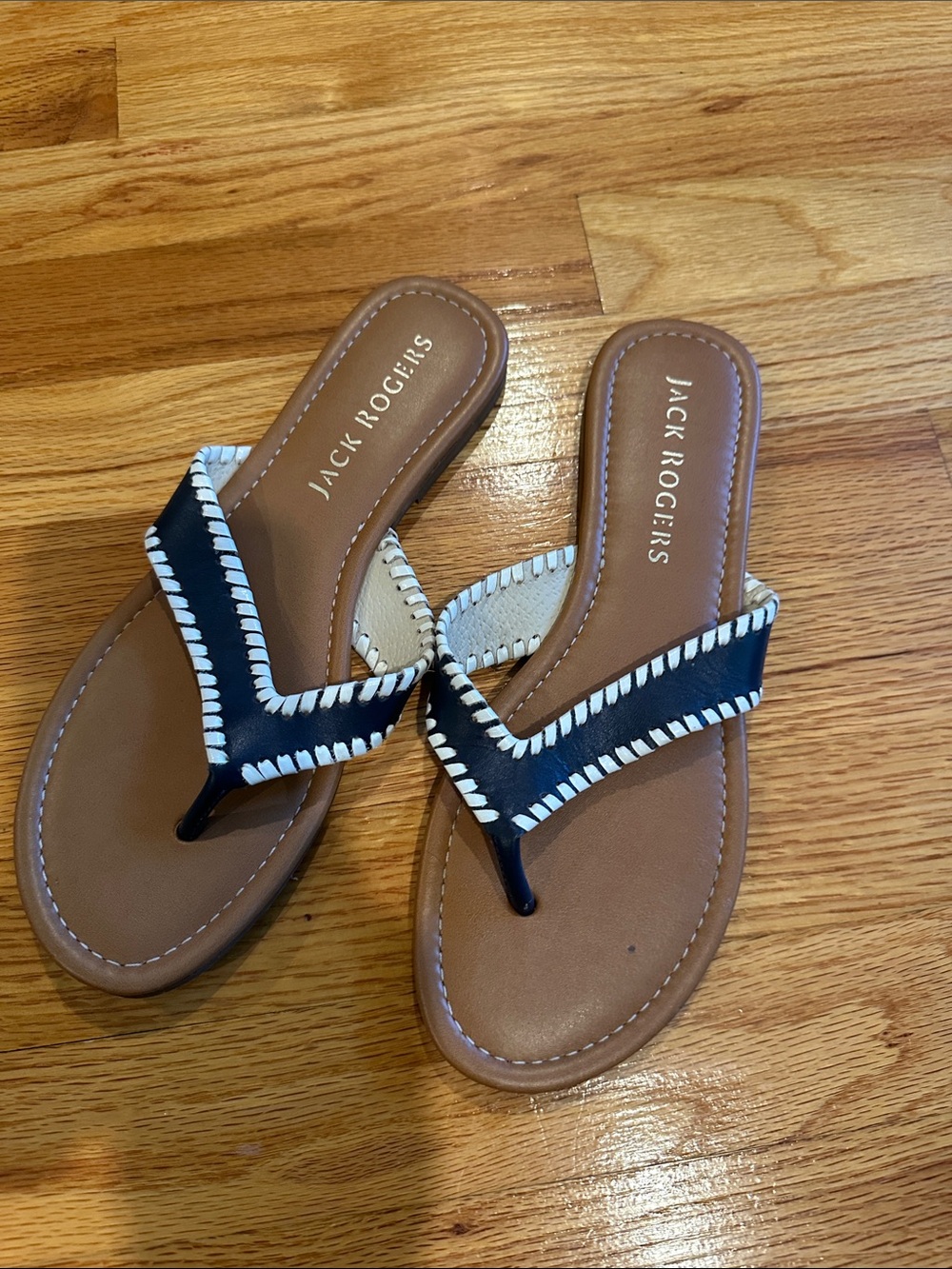 Jack Rogers Black and White Whipstitch Thong Sandals